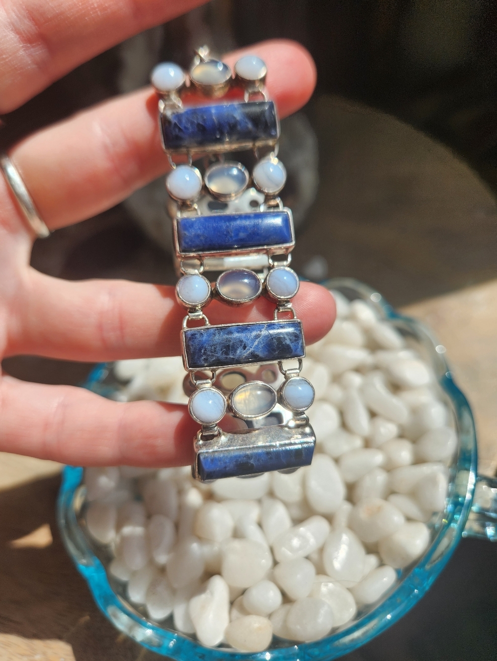 Vintage 925 PB Sterling Silver Blue Sodalite And Chalcedony Link Bracelet - Picture 6 of 9